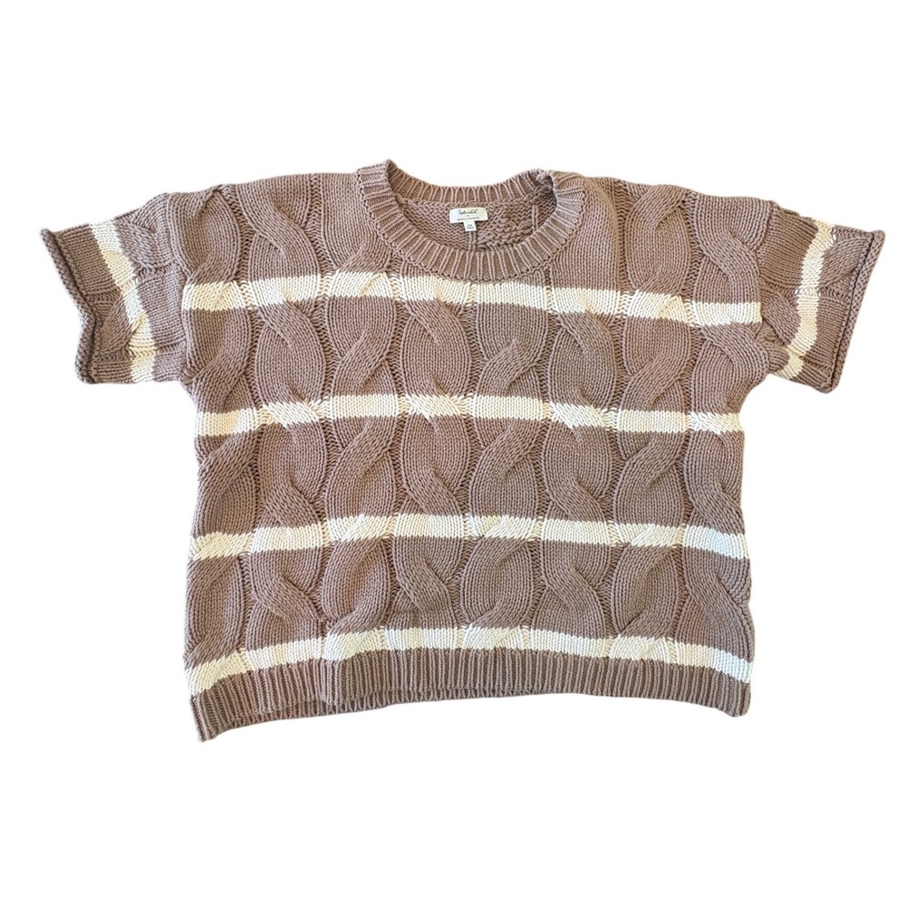 Splendid x Cella Jane Striped Cable Knit Short Sleeve Sweater RS4S570 Mauve XS